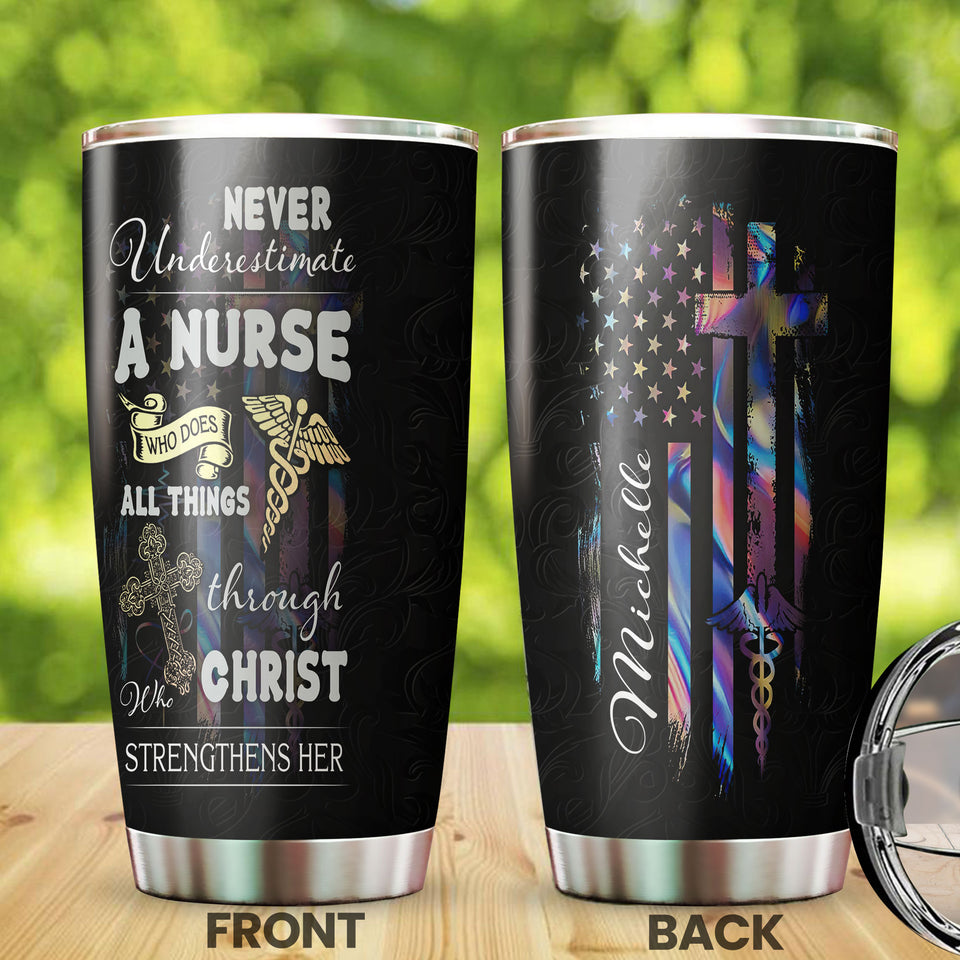 Camellia Personalized Never Underestimate A Nurse Stainless Steel Tumbler - Customized Double-Walled Insulation Thermal Cup With Lid Gift For Nurse
