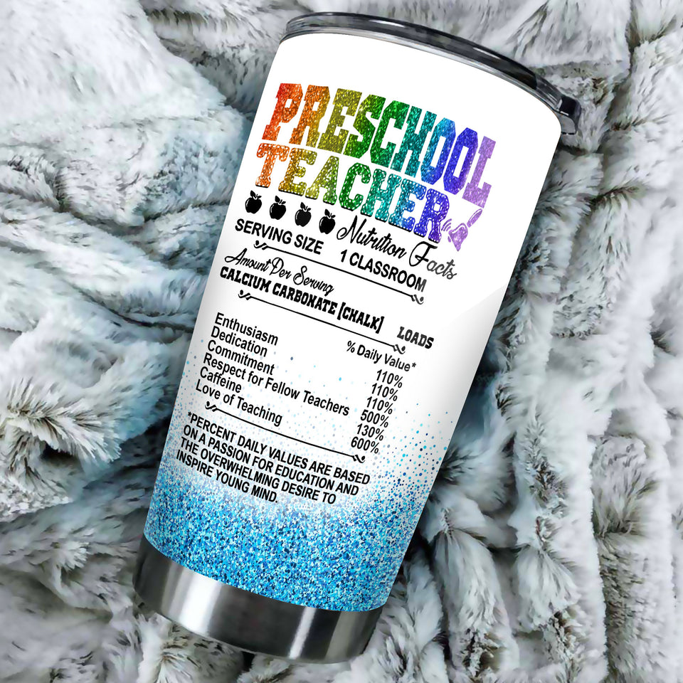 Camellia Personalized Rainbow Preschool Teacher Nutrition Facts Crayon Stainless Steel Tumbler - Double-Walled Insulation Travel Thermal Cup With Lid Gift For Back To School