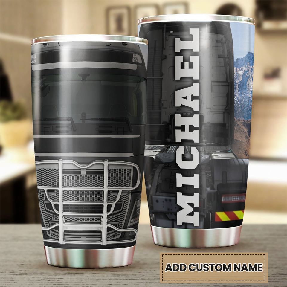 Camellia Personalized Metal Black Truck Graphics Stainless Steel Tumbler - Double-Walled Insulation Travel Thermal Cup With Lid Gift For Trucker Dad Husband Truck Lover