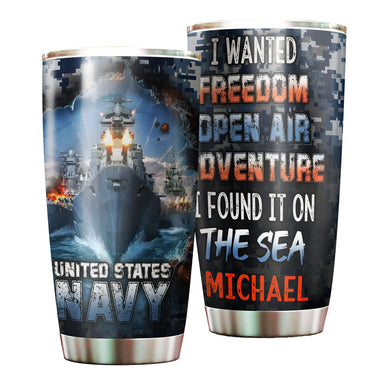 Camellia Personalized United States Navy Adventure On The Sea Stainless Steel Tumbler - Customized Double-Walled Insulation Travel Thermal Cup With Lid Gift For Soldier Veteran