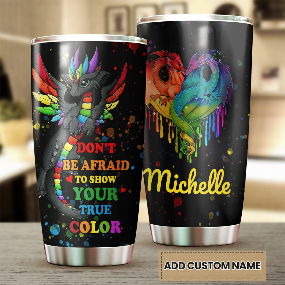 Camellia Personalized Rainbow Dragon LGBT Show Your True Color Stainless Steel Tumbler - Double-Walled Insulation Thermal Cup With Lid Gift For Gay Lesbian