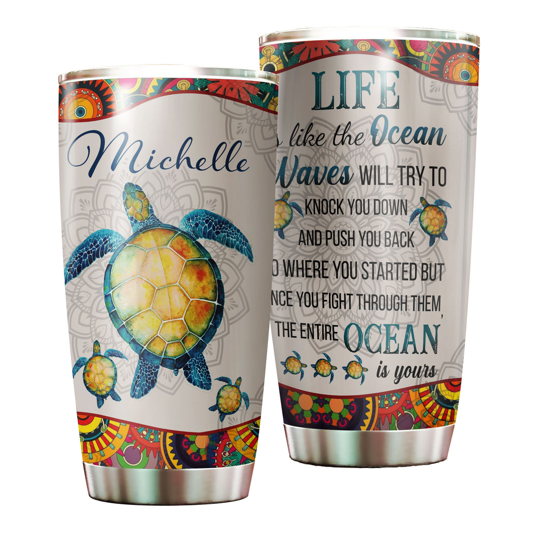 Camellia Personalized Turtle Life Is Like The Ocean Motivational Quote Stainless Steel Tumbler - Double-Walled Insulation Travel Thermal Cup With Lid