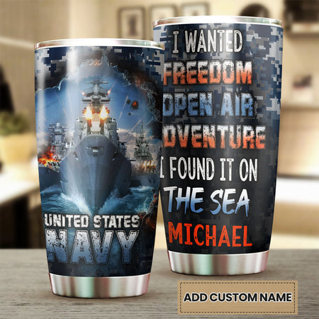 Camellia Personalized United States Navy Adventure On The Sea Stainless Steel Tumbler - Customized Double-Walled Insulation Travel Thermal Cup With Lid Gift For Soldier Veteran