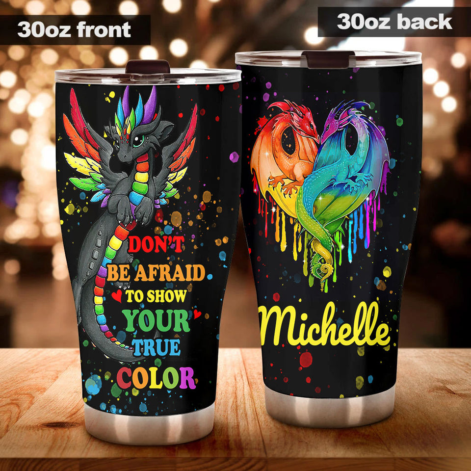 Camellia Personalized Rainbow Dragon LGBT Show Your True Color Stainless Steel Tumbler - Double-Walled Insulation Thermal Cup With Lid Gift For Gay Lesbian
