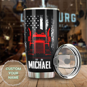 Camellia Personalized American Trucker US Flag Vintage Distressed Graphics Stainless Steel Tumbler - Double-Walled Insulation Travel Thermal Cup With Lid Gift For Trucker