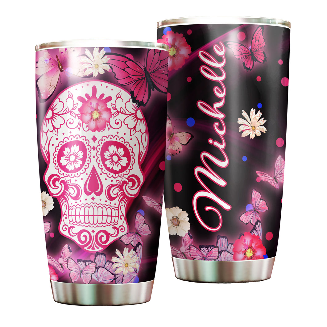 Camellia Personalized 3D Henna Hippie Pink Skull And Butterfly Stainless Steel Tumbler - Double-Walled Insulation Travel Thermal Cup With Lid Gift For Hipster
