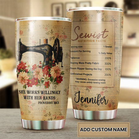 Camellia Personalized She Works Willingly Sewist Nutrition Facts Sewing Vintage Stainless Steel Tumbler - Double-Walled Insulation Travel Thermal Cup With Lid Gift For Sewer Girls