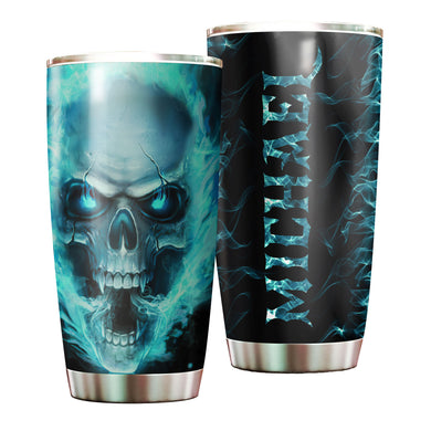 Camellia Personalized Blue Fire Skull Graphics Stainless Steel Tumbler - Double-Walled Insulation Travel Thermal Cup With Lid Gift For Biker Men Trucker Skull Lover