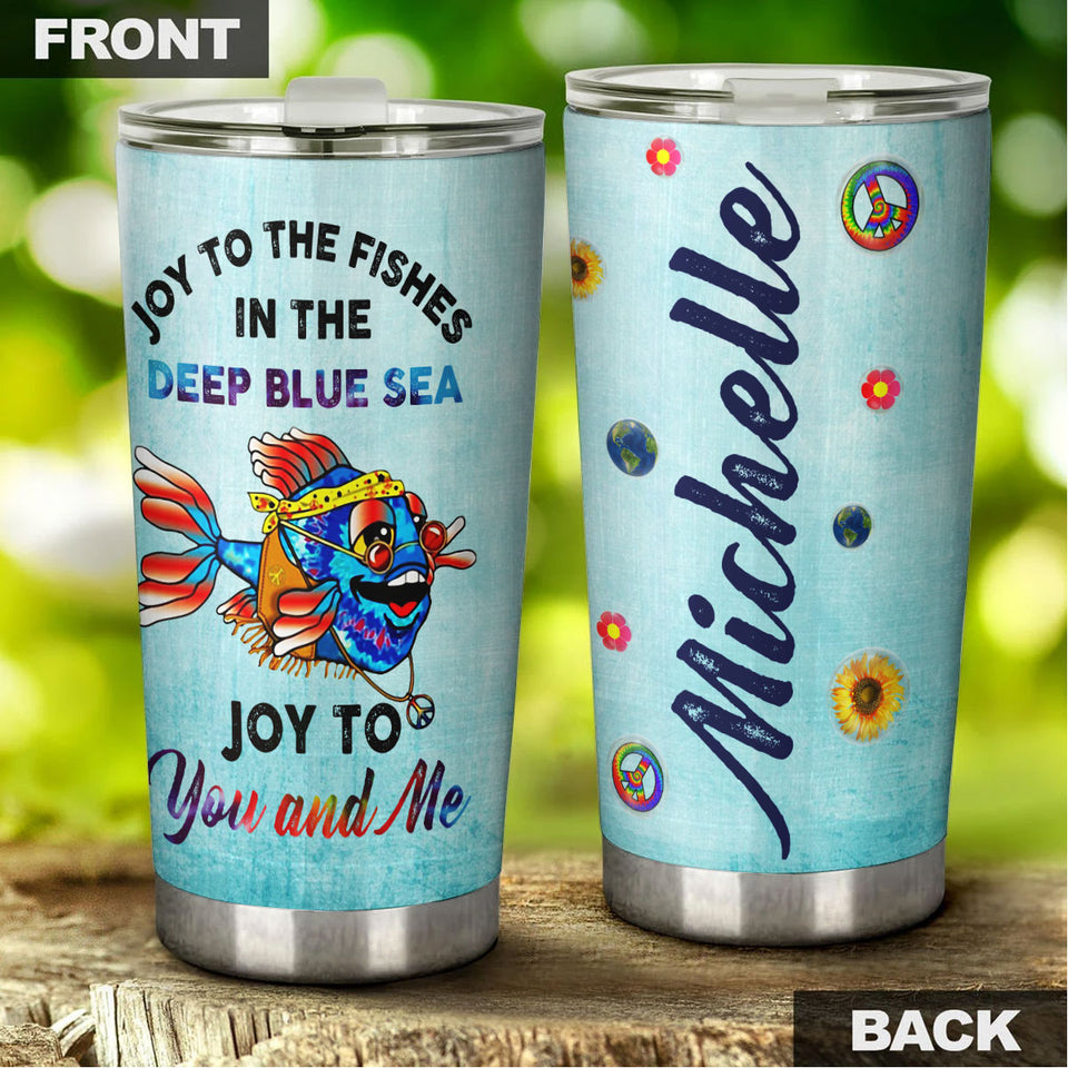 Camellia Personalized Hippie Fish Joy To You And Me Stainless Steel Tumbler - Double-Walled Insulation Thermal Cup With Lid Gift For Hipster Peace Lover