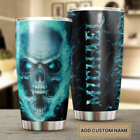 Camellia Personalized Blue Fire Skull Graphics Stainless Steel Tumbler - Double-Walled Insulation Travel Thermal Cup With Lid Gift For Biker Men Trucker Skull Lover