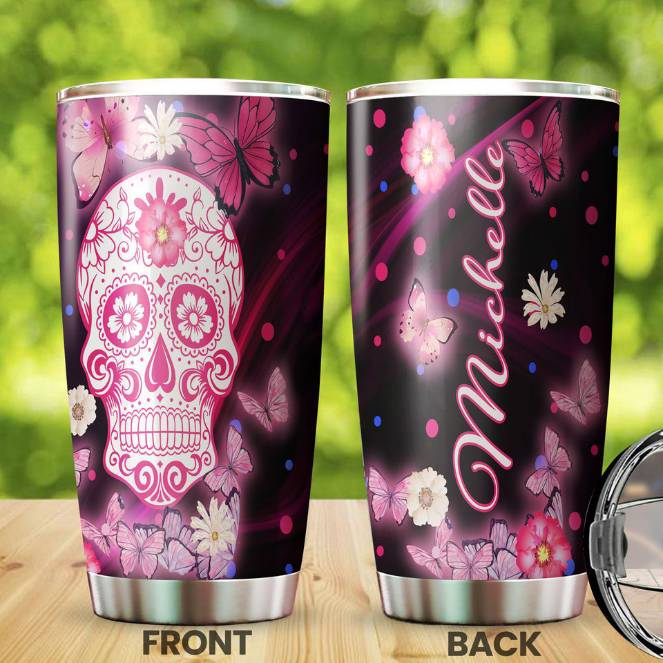 Camellia Personalized 3D Henna Hippie Pink Skull And Butterfly Stainless Steel Tumbler - Double-Walled Insulation Travel Thermal Cup With Lid Gift For Hipster