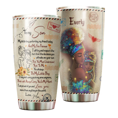Camellia Personalized Afro Women To My Son Loving Letters Stainless Steel Tumbler - Double-Walled Insulation Travel Thermal Cup With Lid Mom Gift For Son Boy