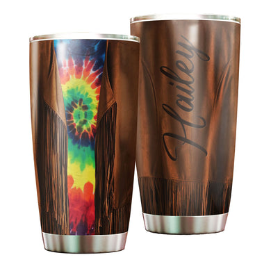 Camellia Personalized Hippie Fringe Tie Dye Stainless Steel Tumbler - Double-Walled Insulation Thermal Cup With Lid Gift For Hipster