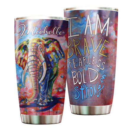 Camellia Personalized Watercolor Elephant I Am Brave Fearless Stainless Steel Tumbler - Double-Walled Insulation Travel Thermal Cup With Lid Gift For Hippie Hipster