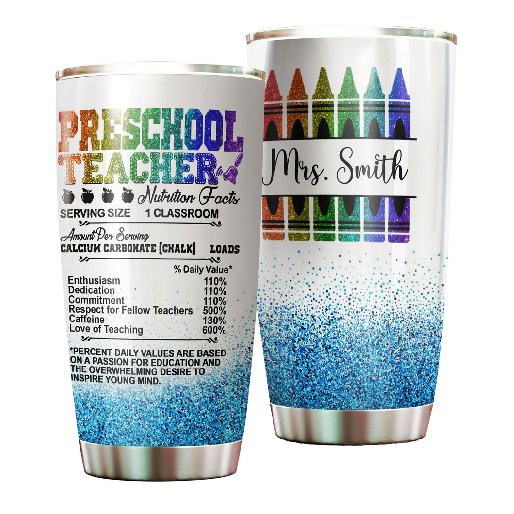Camellia Personalized Rainbow Preschool Teacher Nutrition Facts Crayon Stainless Steel Tumbler - Double-Walled Insulation Travel Thermal Cup With Lid Gift For Back To School