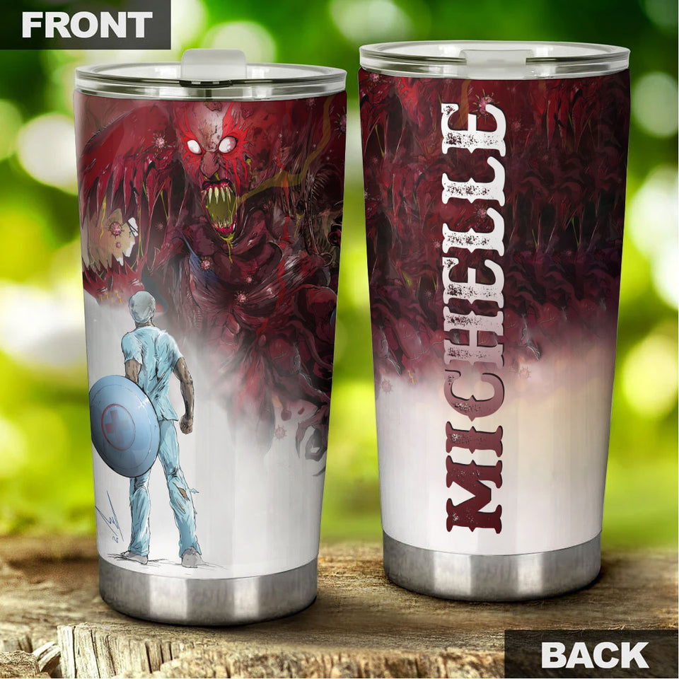 Camellia Personalized Superheroes Wear Scrubs Pandemic Graphics Stainless Steel Tumbler - Double-Walled Insulation Thermal Cup With Lid For Doctor Nurse