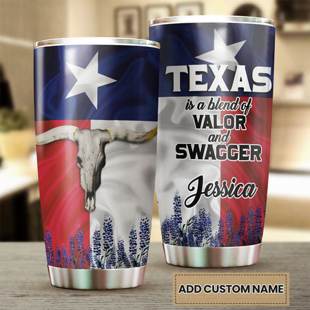 Camellia Personalized Bull Skull Texas Blend Of Valor And Swagger Stainless Steel Tumbler - Double-Walled Insulation Travel Thermal Cup With Lid Gift For Texas Cowboy American
