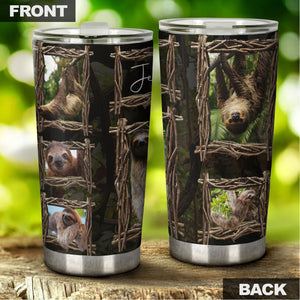 Camellia Personalized Jungle Wood Cute Sloths Graphic Stainless Steel Tumbler - Double-Walled Insulation Travel Thermal Cup With Lid Gift For Animal Lover Zoo Keeper