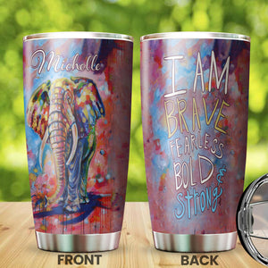 Camellia Personalized Watercolor Elephant I Am Brave Fearless Stainless Steel Tumbler - Double-Walled Insulation Travel Thermal Cup With Lid Gift For Hippie Hipster