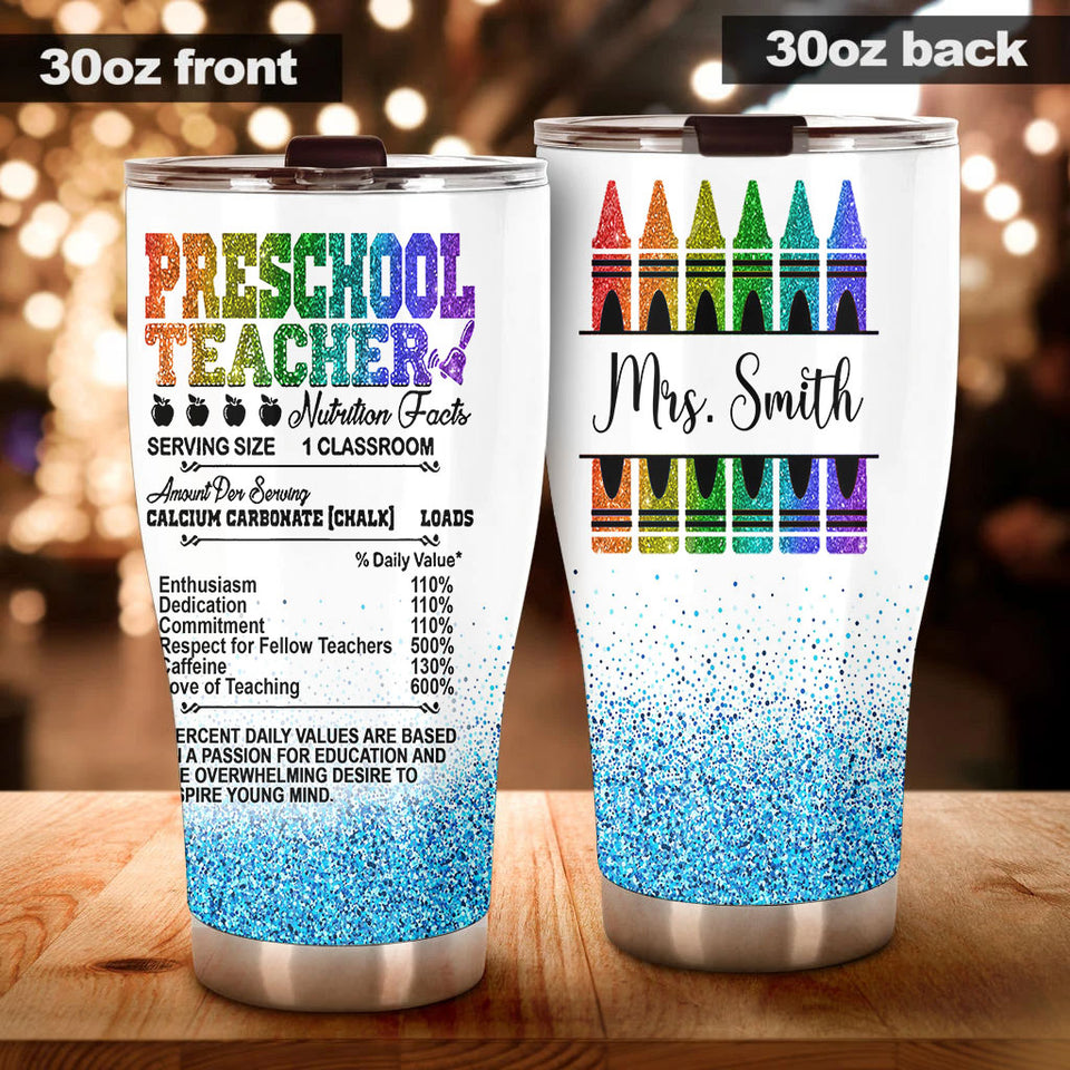 Camellia Personalized Rainbow Preschool Teacher Nutrition Facts Crayon Stainless Steel Tumbler - Double-Walled Insulation Travel Thermal Cup With Lid Gift For Back To School