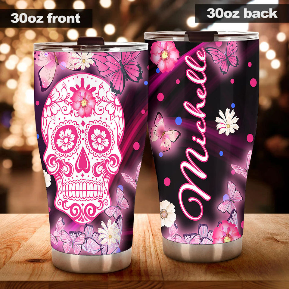 Camellia Personalized 3D Henna Hippie Pink Skull And Butterfly Stainless Steel Tumbler - Double-Walled Insulation Travel Thermal Cup With Lid Gift For Hipster