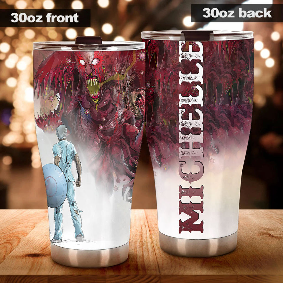 Camellia Personalized Superheroes Wear Scrubs Pandemic Graphics Stainless Steel Tumbler - Double-Walled Insulation Thermal Cup With Lid For Doctor Nurse