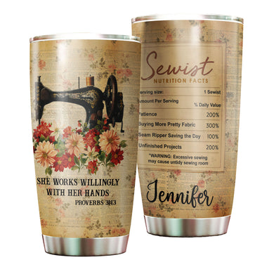 Camellia Personalized She Works Willingly Sewist Nutrition Facts Sewing Vintage Stainless Steel Tumbler - Double-Walled Insulation Travel Thermal Cup With Lid Gift For Sewer Girls