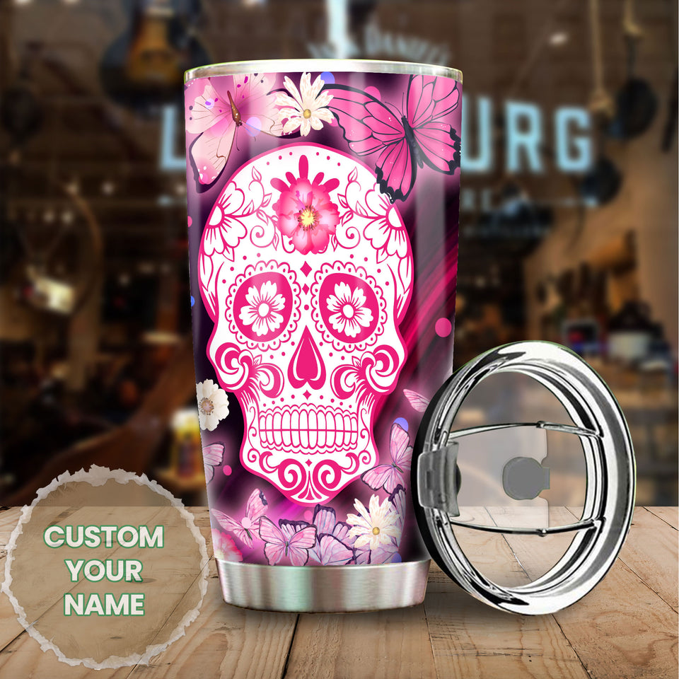 Camellia Personalized 3D Henna Hippie Pink Skull And Butterfly Stainless Steel Tumbler - Double-Walled Insulation Travel Thermal Cup With Lid Gift For Hipster