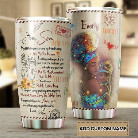 Camellia Personalized Afro Women To My Son Loving Letters Stainless Steel Tumbler - Double-Walled Insulation Travel Thermal Cup With Lid Mom Gift For Son Boy