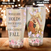 Camellia Personalized While She Holds Your Hand Cannot Fall Stainless Steel Tumbler - Double-Walled Insulation Thermal Cup With Lid For Faith Believer