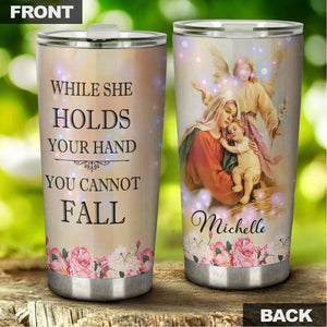 Camellia Personalized While She Holds Your Hand Cannot Fall Stainless Steel Tumbler - Double-Walled Insulation Thermal Cup With Lid For Faith Believer