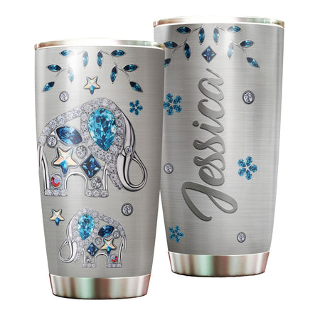 Camellia Personalized Animal Elephants Jewelry Style Tumbler Stainless Steel Tumbler - Double-Walled Insulation Travel Thermal Cup With Lid Gift For Elephant Lover Zoo Keeper