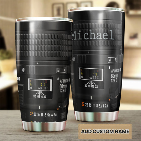 Camellia Personalized Photographer Camera Lens Graphic Stainless Steel Tumbler - Double-Walled Insulation Travel Thermal Cup With Lid Gift For Photographer