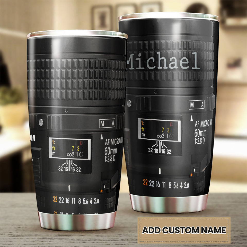 Camellia Personalized Photographer Camera Lens Graphic Stainless Steel Tumbler - Double-Walled Insulation Travel Thermal Cup With Lid Gift For Photographer