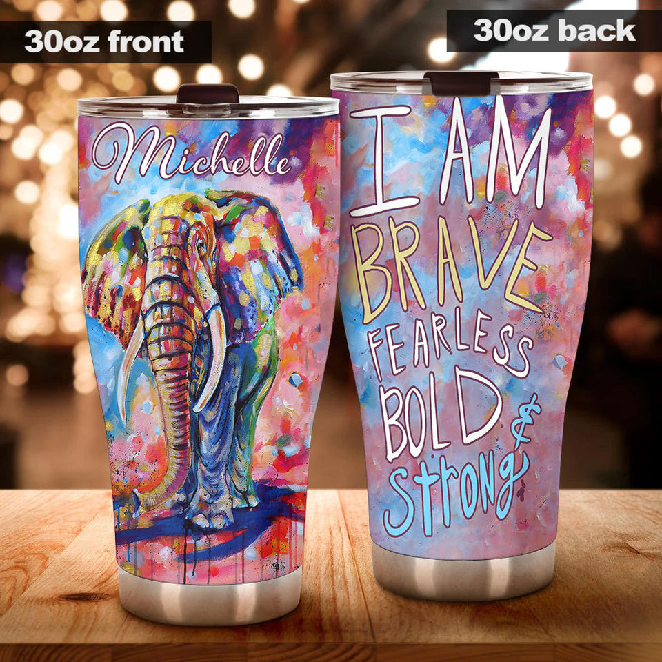 Camellia Personalized Watercolor Elephant I Am Brave Fearless Stainless Steel Tumbler - Double-Walled Insulation Travel Thermal Cup With Lid Gift For Hippie Hipster