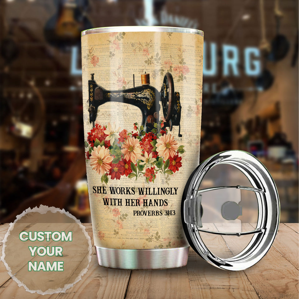 Camellia Personalized She Works Willingly Sewist Nutrition Facts Sewing Vintage Stainless Steel Tumbler - Double-Walled Insulation Travel Thermal Cup With Lid Gift For Sewer Girls