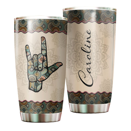 Camellia Personalized Hippie Henna Hand Sign Graphic Rock Stainless Steel Tumbler - Double-Walled Insulation Travel Thermal Cup With Lid Gift For Teenager Birthday