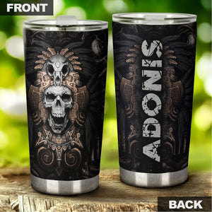 Camellia Personalized 3D Native American Golden Skull Stainless Steel Tumbler - Customized Double-Walled Insulation Travel Therma Cup With Lid