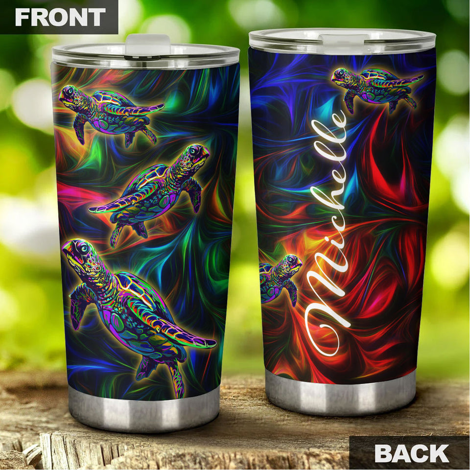 Camellia Personalized 3D Colorful Turtles Graphic Stainless Steel Tumbler - Double-Walled Insulation Travel Thermal Cup With Lid Gift For Scuba Diver Surfing