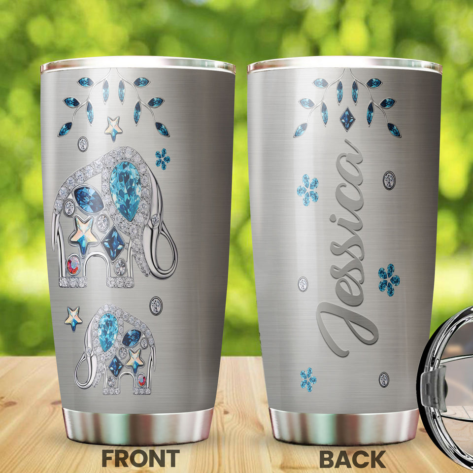 Camellia Personalized Animal Elephants Jewelry Style Tumbler Stainless Steel Tumbler - Double-Walled Insulation Travel Thermal Cup With Lid Gift For Elephant Lover Zoo Keeper