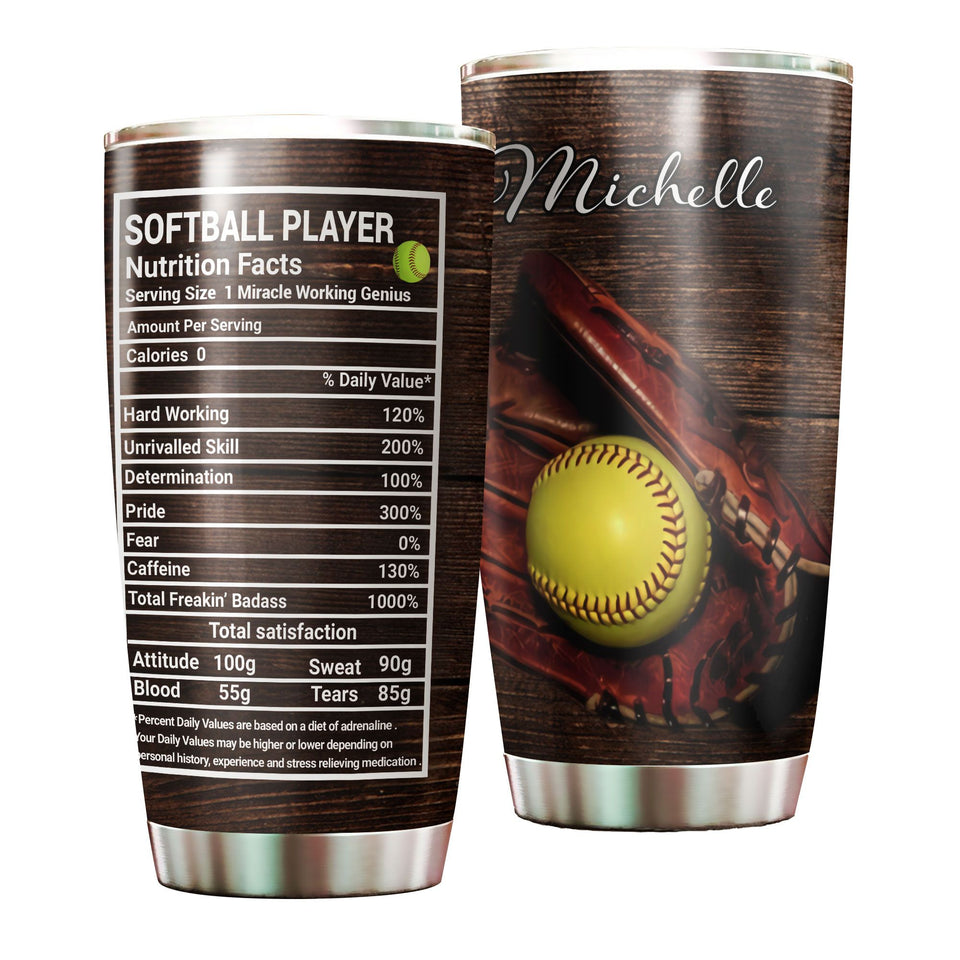 Camellia Personalized Softball Player Nutrition Facts Stainless Steel Tumbler - Double-Walled Insulation Sporty Thermal Cup With Lid Gift For Sport Lover