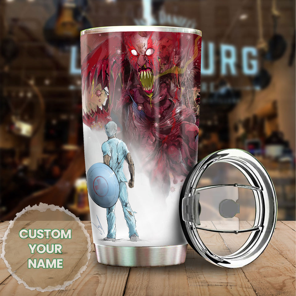 Camellia Personalized Superheroes Wear Scrubs Pandemic Graphics Stainless Steel Tumbler - Double-Walled Insulation Thermal Cup With Lid For Doctor Nurse