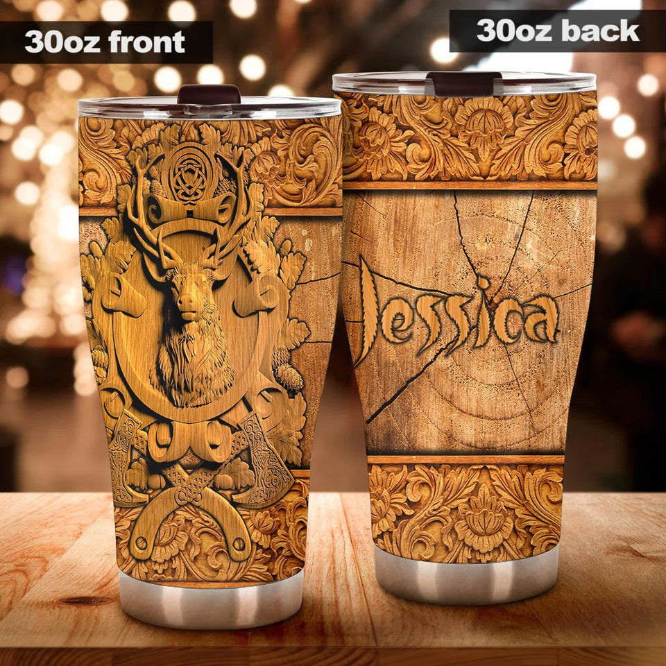 Camellia Personalized Deer Hunting Wooden Style Stainless Steel Tumbler - Double-Walled Insulation Travel Thermal Cup With Lid Gift For Deer Hunter Men