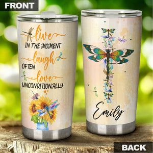 Camellia Personalized Hippie Dragonfly Laugh Often Love Unconditionally Stainless Steel Tumbler - Double-Walled Insulation Thermal Cup With Lid Gift For Hipster Teenager
