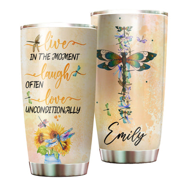 Camellia Personalized Hippie Dragonfly Laugh Often Love Unconditionally Stainless Steel Tumbler - Double-Walled Insulation Thermal Cup With Lid Gift For Hipster Teenager