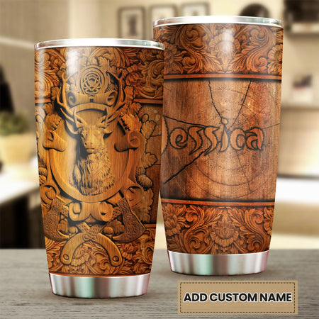 Camellia Personalized Deer Hunting Wooden Style Stainless Steel Tumbler - Double-Walled Insulation Travel Thermal Cup With Lid Gift For Deer Hunter Men