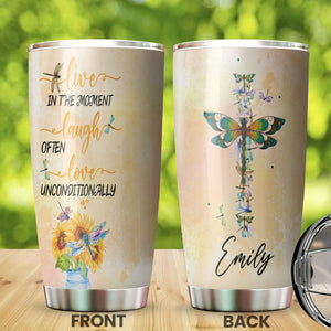 Camellia Personalized Hippie Dragonfly Laugh Often Love Unconditionally Stainless Steel Tumbler - Double-Walled Insulation Thermal Cup With Lid Gift For Hipster Teenager