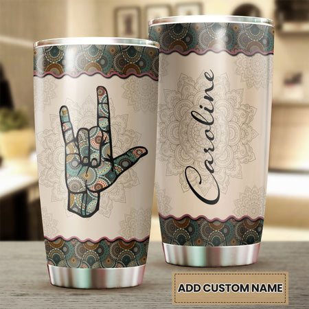 Camellia Personalized Hippie Henna Hand Sign Graphic Rock Stainless Steel Tumbler - Double-Walled Insulation Travel Thermal Cup With Lid Gift For Teenager Birthday