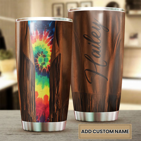 Camellia Personalized Hippie Fringe Tie Dye Stainless Steel Tumbler - Double-Walled Insulation Thermal Cup With Lid Gift For Hipster