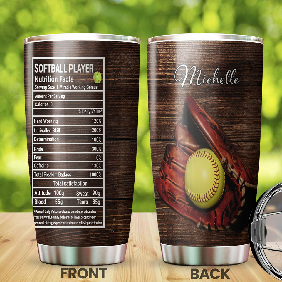 Camellia Personalized Softball Player Nutrition Facts Stainless Steel Tumbler - Double-Walled Insulation Sporty Thermal Cup With Lid Gift For Sport Lover